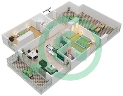 المخططات الطابقية لتصميم الوحدة 1401 شقة 2 غرفة نوم - مساكن ديزاير