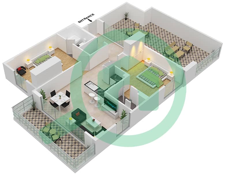 المخططات الطابقية لتصميم الوحدة 1401 شقة 2 غرفة نوم - مساكن ديزاير Floor 10 interactive3D
