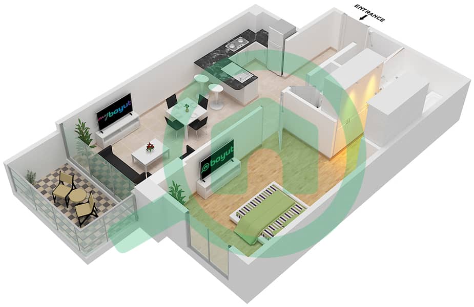 المخططات الطابقية لتصميم الوحدة 1406 شقة 1 غرفة نوم - مساكن ديزاير Floor 10 interactive3D