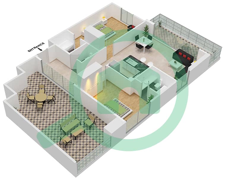 المخططات الطابقية لتصميم الوحدة 1408 شقة 2 غرفة نوم - مساكن ديزاير Floor 10 interactive3D