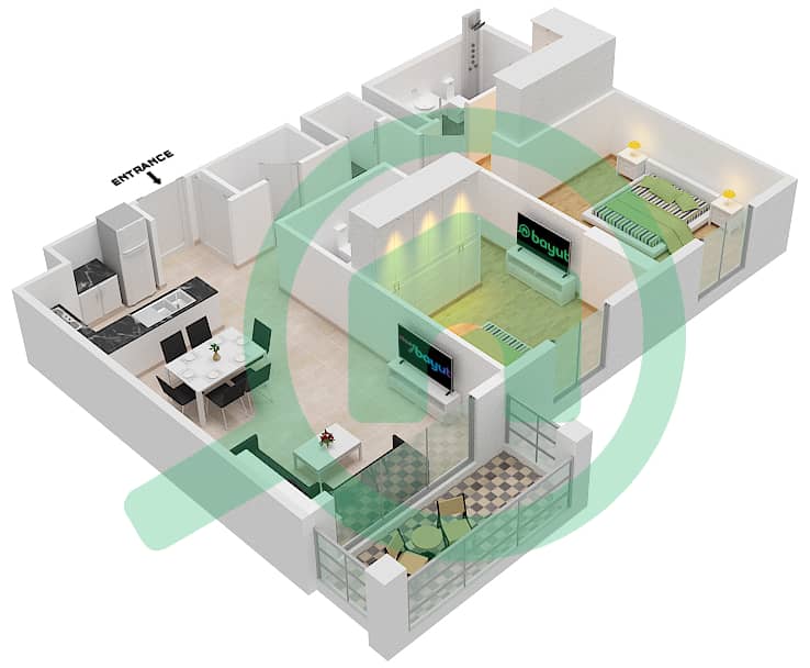 المخططات الطابقية لتصميم النموذج 1 شقة 2 غرفة نوم - برج لا ريف 1 Floor 1-5 interactive3D