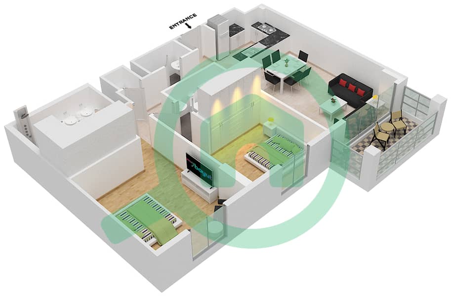 المخططات الطابقية لتصميم النموذج 2 شقة 2 غرفة نوم - برج لا ريف 1 Floor 2-5 interactive3D