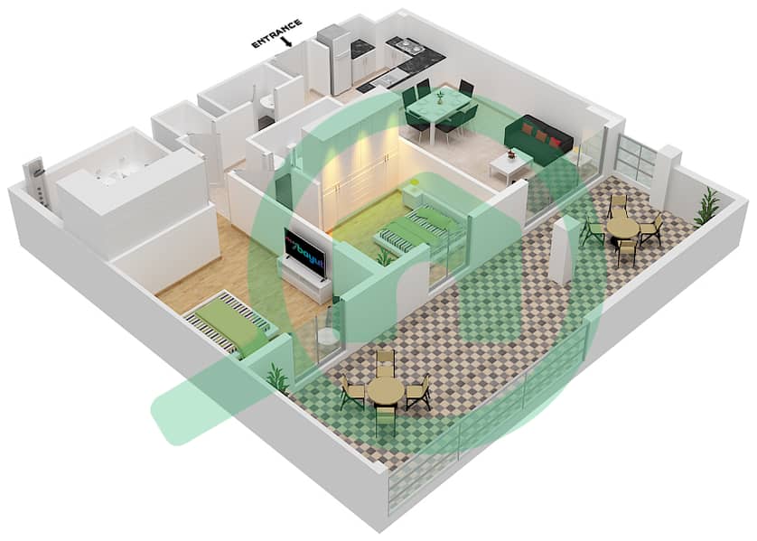 Тауэр Ла Риве 1 - Апартамент 2 Cпальни планировка Тип 2A Floor 1 interactive3D