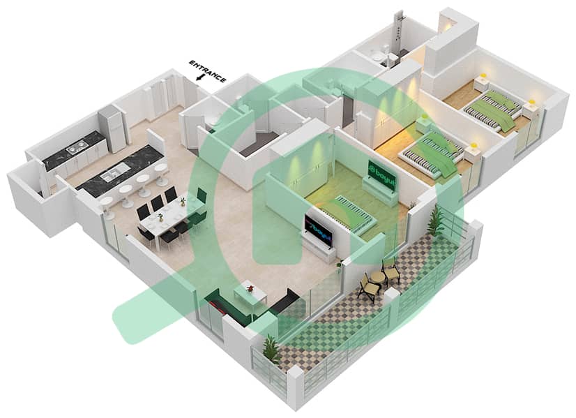 海岸1号大厦 - 3 卧室公寓类型3戶型图 Floor 2,3 interactive3D