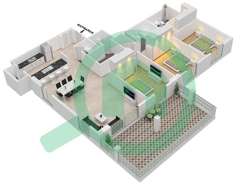 المخططات الطابقية لتصميم النموذج 3A شقة 3 غرف نوم - برج لا ريف 1 Floor 1 interactive3D