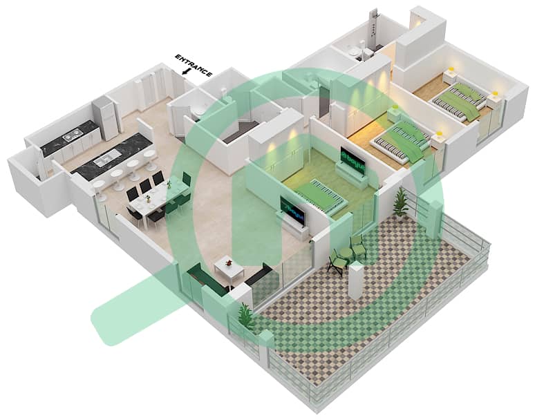 海岸1号大厦 - 3 卧室公寓类型3A戶型图 Floor 1 interactive3D