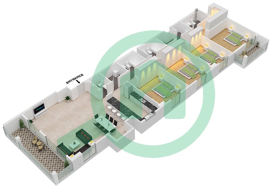 المخططات الطابقية لتصميم النموذج 2 شقة 4 غرف نوم - برج لا ريف 1 Floor 4 interactive3D