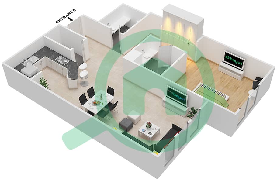 المخططات الطابقية لتصميم النموذج U شقة 1 غرفة نوم - طراز أمريكا الوسطى interactive3D