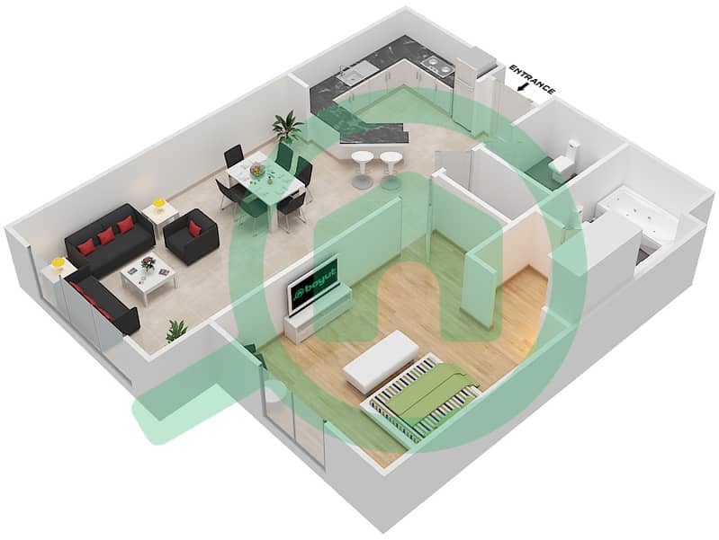 المخططات الطابقية لتصميم النموذج V شقة 1 غرفة نوم - طراز أمريكا الوسطى interactive3D