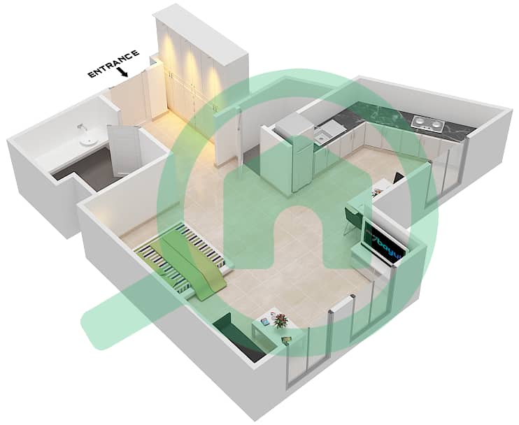 المخططات الطابقية لتصميم النموذج E شقة استوديو - طراز أمريكا الوسطى interactive3D