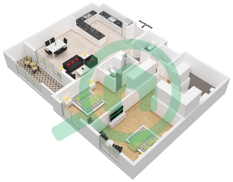 المخططات الطابقية لتصميم النموذج A شقة 2 غرفة نوم - برج الأندلس D interactive3D