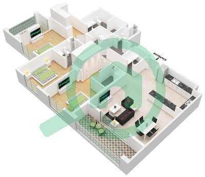 المخططات الطابقية لتصميم النموذج B شقة 3 غرف نوم - برج الأندلس D