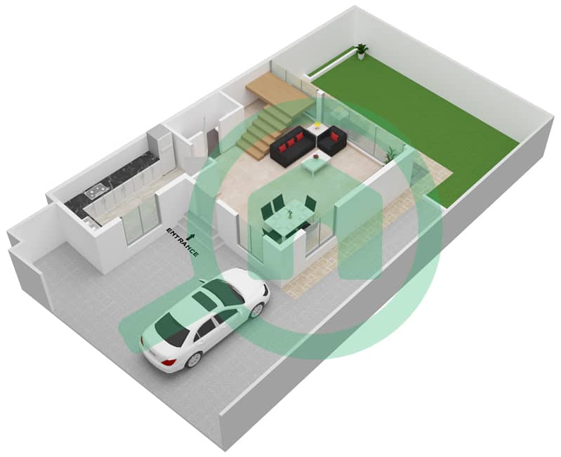 المخططات الطابقية لتصميم النموذج A فیلا 3 غرف نوم - مساكن البروج II Ground Floor interactive3D