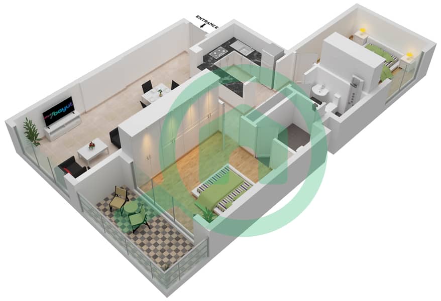 المخططات الطابقية لتصميم الوحدة 19,20 شقة 2 غرفة نوم - سكيز من الدانوب Floor 2 interactive3D