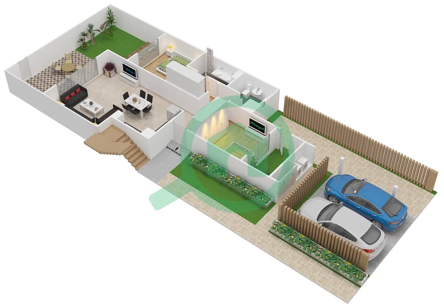 المخططات الطابقية لتصميم الوحدة 02,03 تاون هاوس 4 غرف نوم - إربانا Ground Floor interactive3D