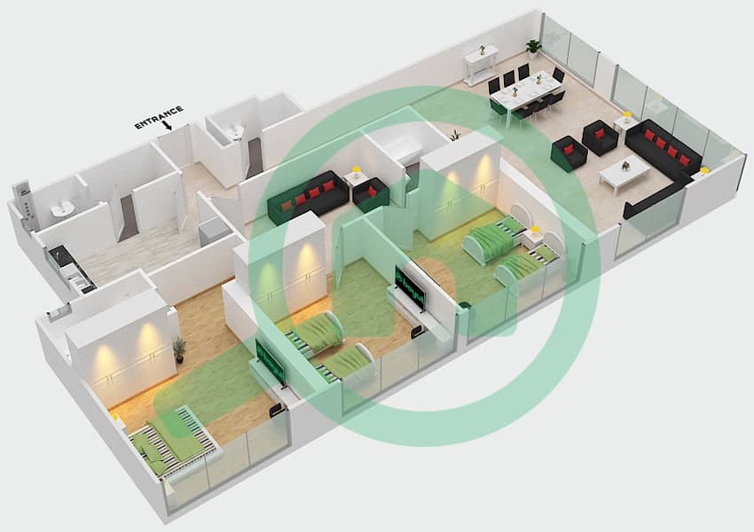 المخططات الطابقية لتصميم الوحدة 6 شقة 3 غرف نوم - برج صحارى 6 interactive3D