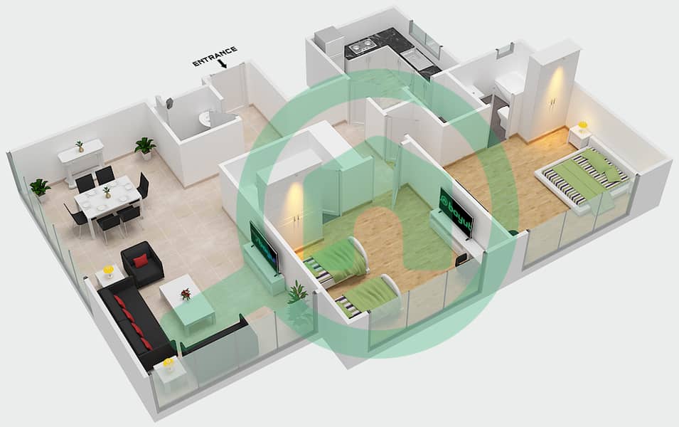 المخططات الطابقية لتصميم الوحدة 5 شقة 2 غرفة نوم - برج صحارى 6 interactive3D