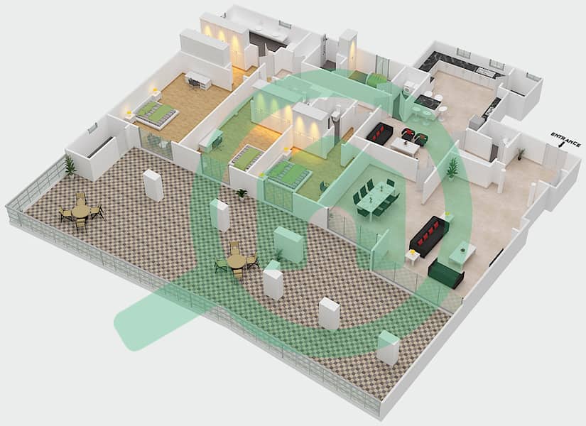 المخططات الطابقية لتصميم النموذج B شقة 3 غرف نوم - شقق تيراس interactive3D