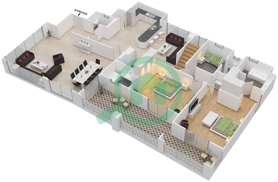 المخططات الطابقية لتصميم النموذج 1 شقة 3 غرف نوم - شقق تيراس Lower Floor interactive3D