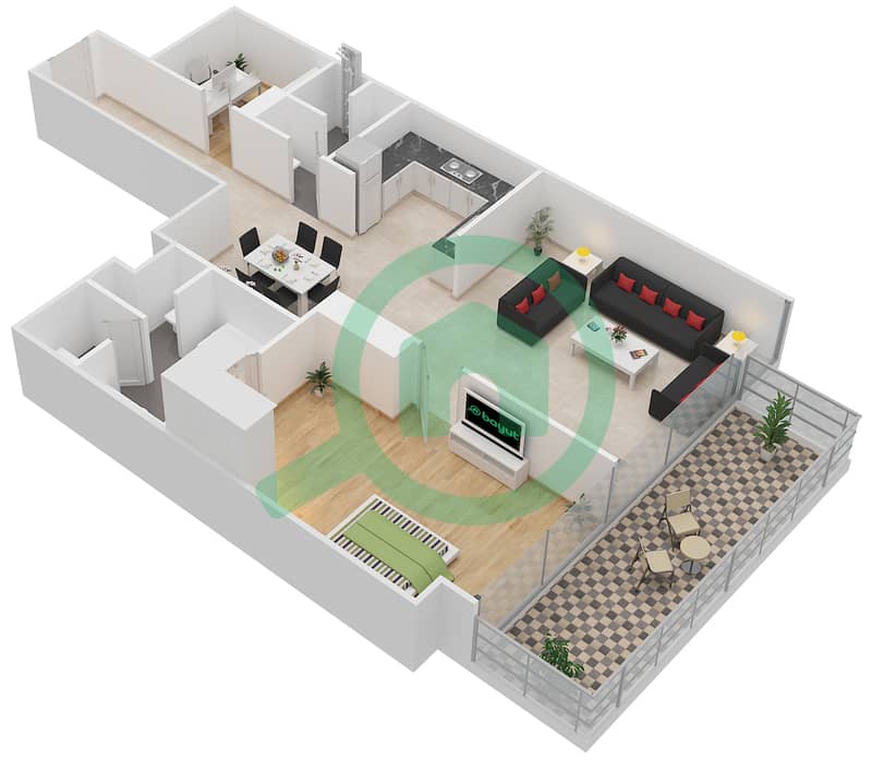 玛瑙2号大厦 - 1 卧室公寓单位1戶型图 Floor 12-24 interactive3D