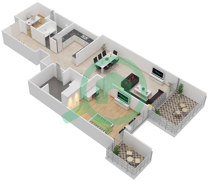 玛瑙2号大厦 - 1 卧室公寓单位2戶型图 Floor 12-24 interactive3D