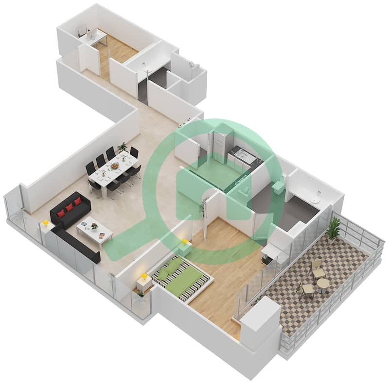玛瑙2号大厦 - 1 卧室公寓单位3戶型图 Floor 12-24 interactive3D