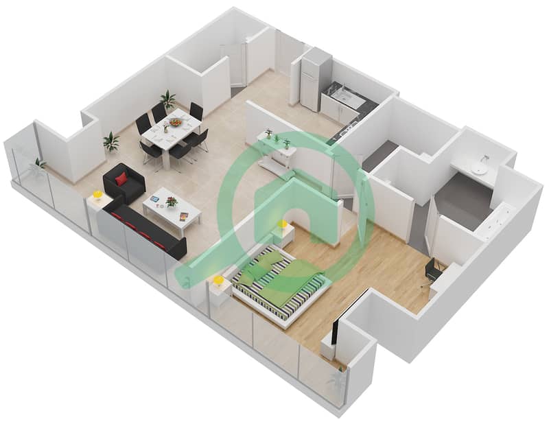 Оник Тауэр 2 - Апартамент 1 Спальня планировка Единица измерения 4 Floor 12-24 interactive3D