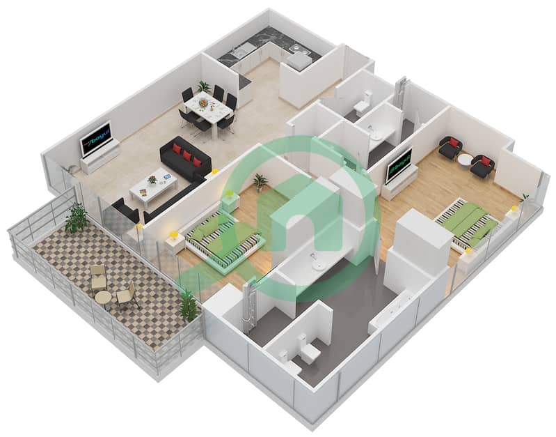 المخططات الطابقية لتصميم الوحدة 5 شقة 2 غرفة نوم - برج ذا أونيكس 2 Floor 12-24 interactive3D