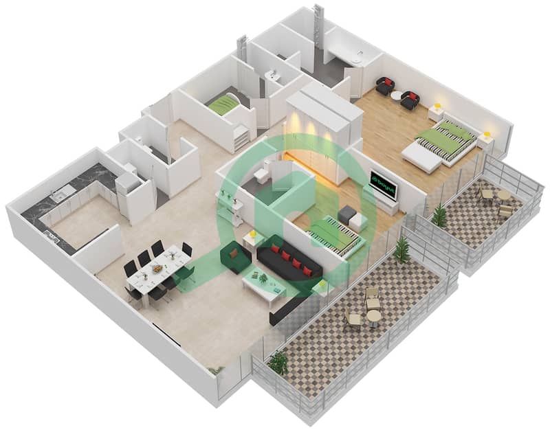 玛瑙2号大厦 - 2 卧室公寓单位6戶型图 Floor 12-24 interactive3D