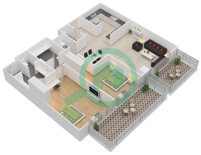 المخططات الطابقية لتصميم الوحدة 9 شقة 2 غرفة نوم - برج ذا أونيكس 2 Floor 12-24 interactive3D