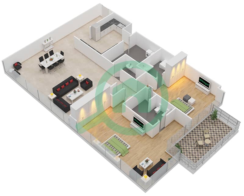 المخططات الطابقية لتصميم الوحدة 10 شقة 2 غرفة نوم - برج ذا أونيكس 2 Floor 12-24 interactive3D