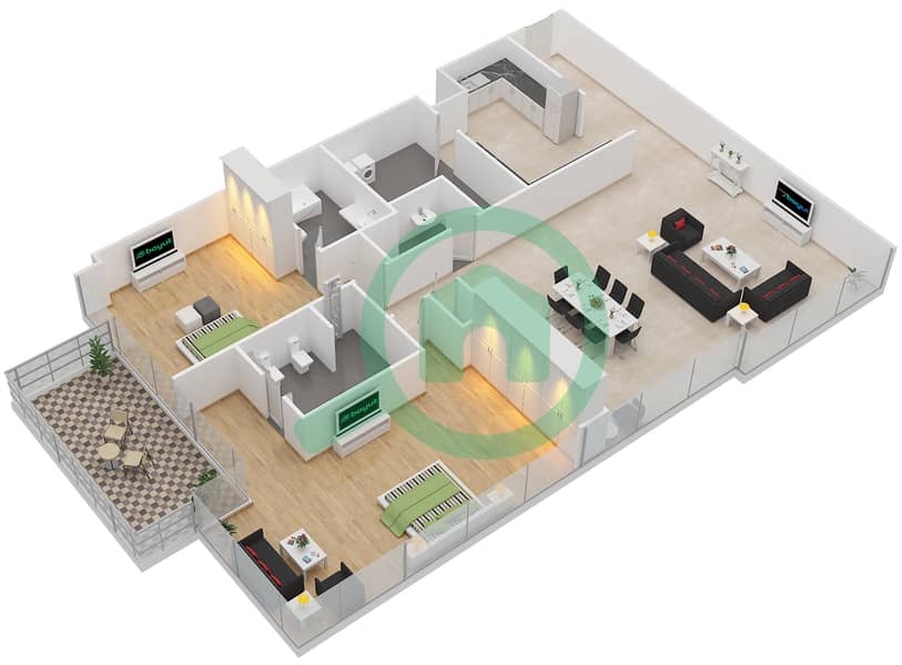 玛瑙2号大厦 - 2 卧室公寓单位11戶型图 Floor 12-24 interactive3D
