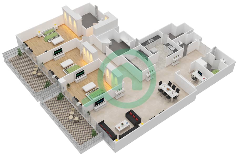 المخططات الطابقية لتصميم الوحدة 13 شقة 3 غرف نوم - برج ذا أونيكس 2 Floor 12-24 interactive3D