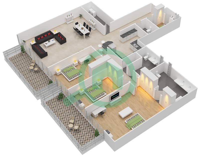المخططات الطابقية لتصميم الوحدة 12 شقة 3 غرف نوم - برج ذا أونيكس 2 Floor 12-24 interactive3D