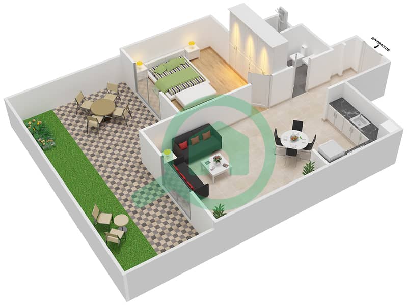 Al Ghadeer - 1 Bedroom Townhouse Type MAISONETTE ST-1B-A Floor plan Ground Floor interactive3D