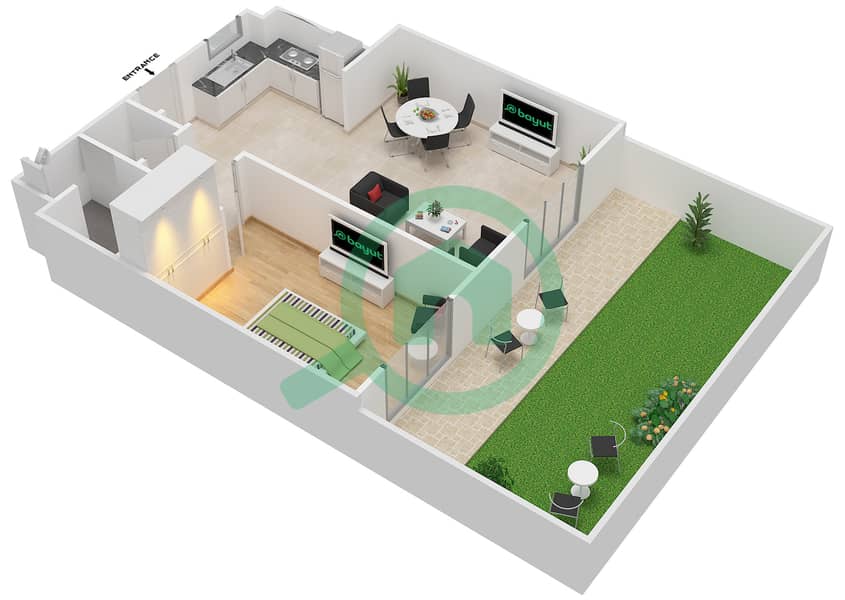 المخططات الطابقية لتصميم النموذج MAISONETTE 2B-1B-A تاون هاوس 1 غرفة نوم - الغدیر Ground Floor interactive3D