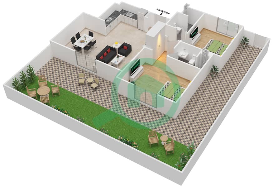 المخططات الطابقية لتصميم النموذج MAISONETTE 2B-A تاون هاوس 2 غرفة نوم - الغدیر Ground Floor interactive3D