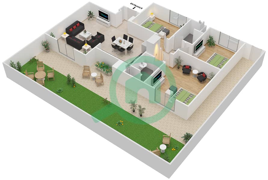المخططات الطابقية لتصميم النموذج MAISONETTE 3B-A تاون هاوس 3 غرف نوم - الغدیر Ground Floor interactive3D
