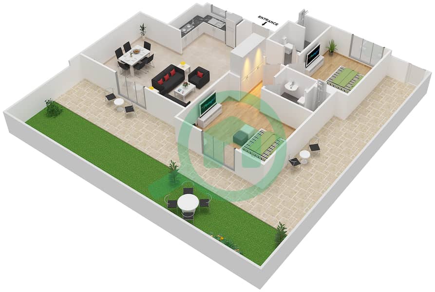 المخططات الطابقية لتصميم النموذج MAISONETTE 2B-1B تاون هاوس 2 غرفة نوم - الغدیر Ground Floor interactive3D