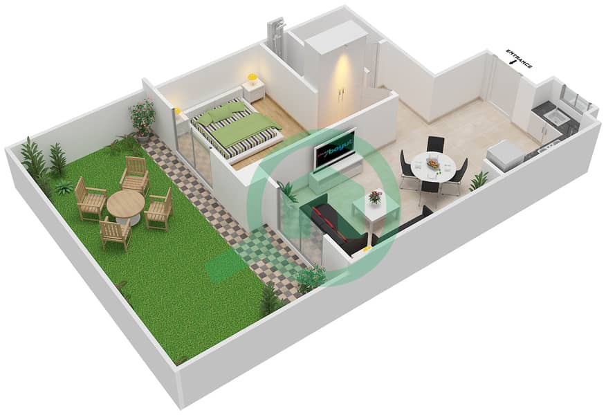المخططات الطابقية لتصميم النموذج MAISONETTE 1B-1B-A تاون هاوس 1 غرفة نوم - الغدیر Ground Floor interactive3D