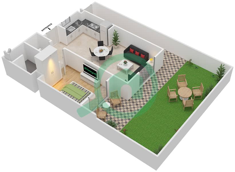 Al Ghadeer - 1 Bedroom Townhouse Type MAISONETTE-1B-1B-B Floor plan Ground Floor interactive3D