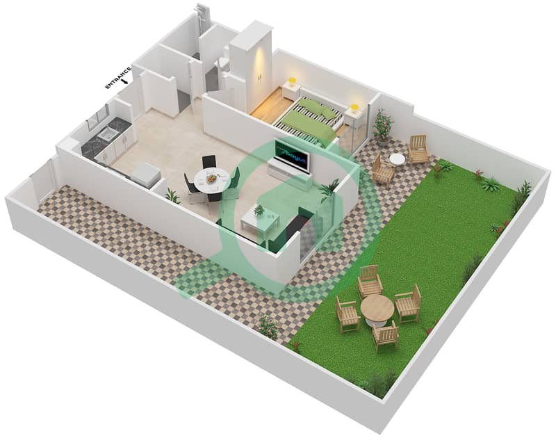 Al Ghadeer - 1 Bedroom Townhouse Type MAISONETTE-ST-1B-C Floor plan Ground Floor interactive3D
