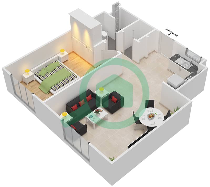 المخططات الطابقية لتصميم النموذج MAISONETTE 2B-1B-B تاون هاوس 1 غرفة نوم - الغدیر First Floor interactive3D