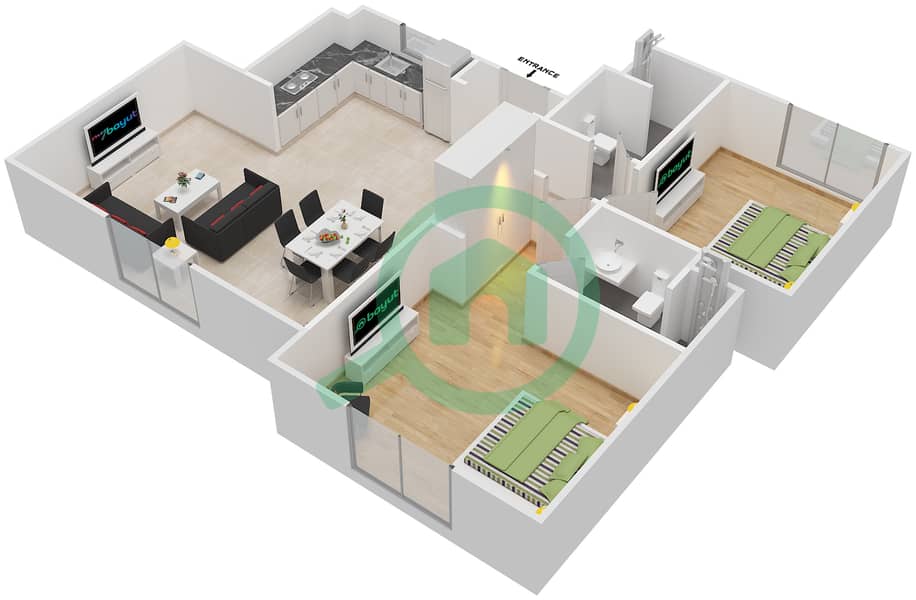 المخططات الطابقية لتصميم النموذج MAISONETTE 2B-B تاون هاوس 2 غرفة نوم - الغدیر First Floor interactive3D