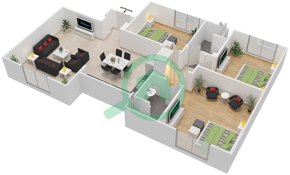 المخططات الطابقية لتصميم النموذج MAISONETTE 3B-B تاون هاوس 3 غرف نوم - الغدیر First Floor interactive3D