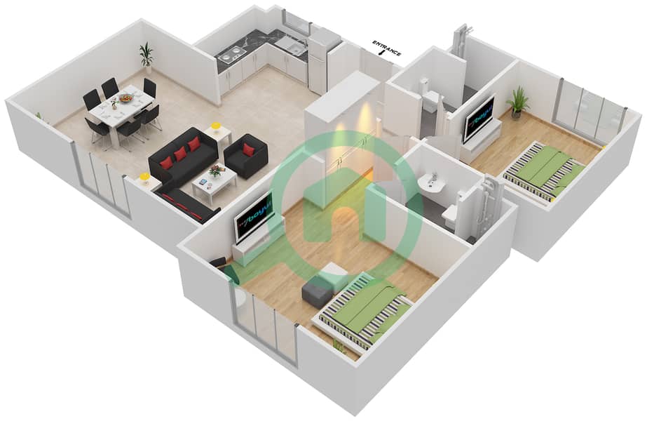 المخططات الطابقية لتصميم النموذج MAISONETTE 2B-1B-C تاون هاوس 2 غرفة نوم - الغدیر First Floor interactive3D