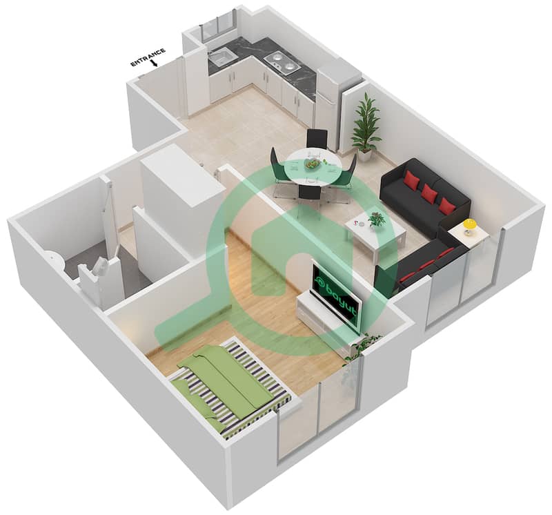 المخططات الطابقية لتصميم النموذج MAISONETTE 1B-1B-C تاون هاوس 1 غرفة نوم - الغدیر First Floor interactive3D
