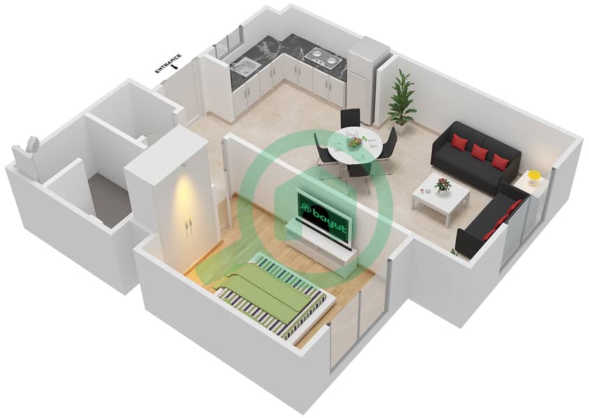 Al Ghadeer - 1 Bedroom Townhouse Type MAISONETTE 1B-1B-D Floor plan First Floor interactive3D