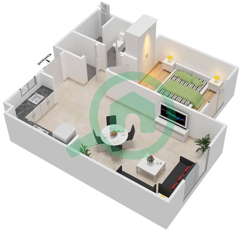 المخططات الطابقية لتصميم النموذج MAISONETTE ST-1B-G تاون هاوس 1 غرفة نوم - الغدیر First Floor interactive3D