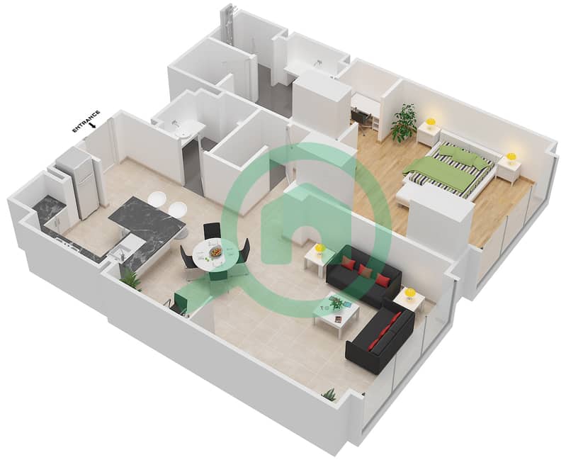 Fairmont Marina Residences - 1 Bedroom Apartment Type T-1 Floor plan interactive3D